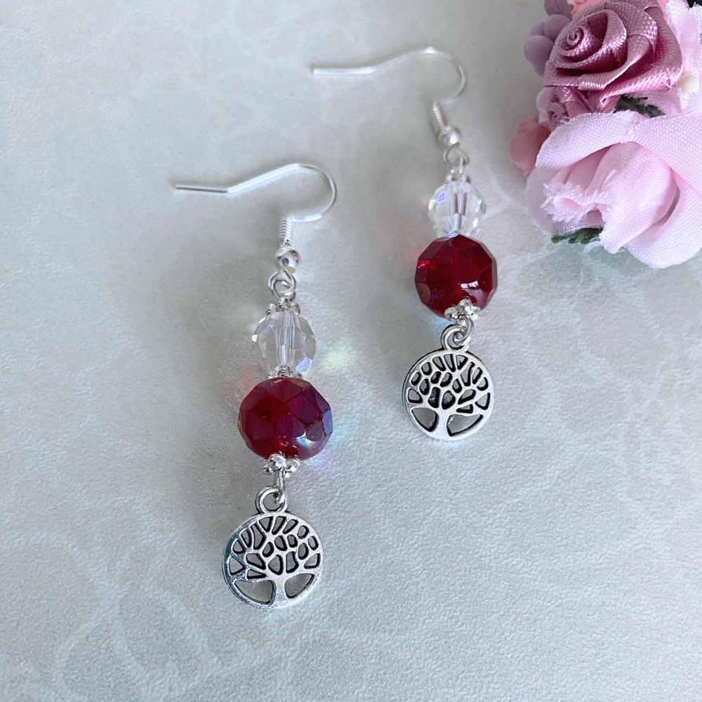 Handcrafted Red and white crystal glass beaded Tree of Life Dangle Earrings